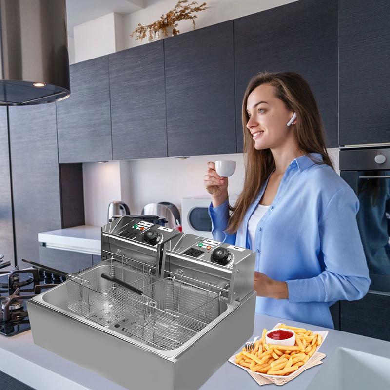 Deep Fryer Pot Electric 110V Commercial Double Stainless Steel Chicken Wings Fryers with Baskets and Temperature Control Kitchen