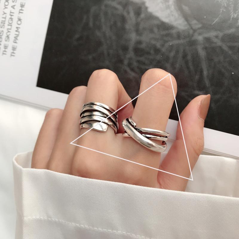 925 Silver Rings INS Fashion Hip Hop Vintage Couples Adjustable Jewelry Hollow Lines Punk Thai Silver Party