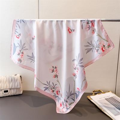 Luxury Pink Flower Print Silk Women's Scarf 70cm Square Scarves Designer Bandana Small Hijab Wrap Hairbands Foulard Shawl