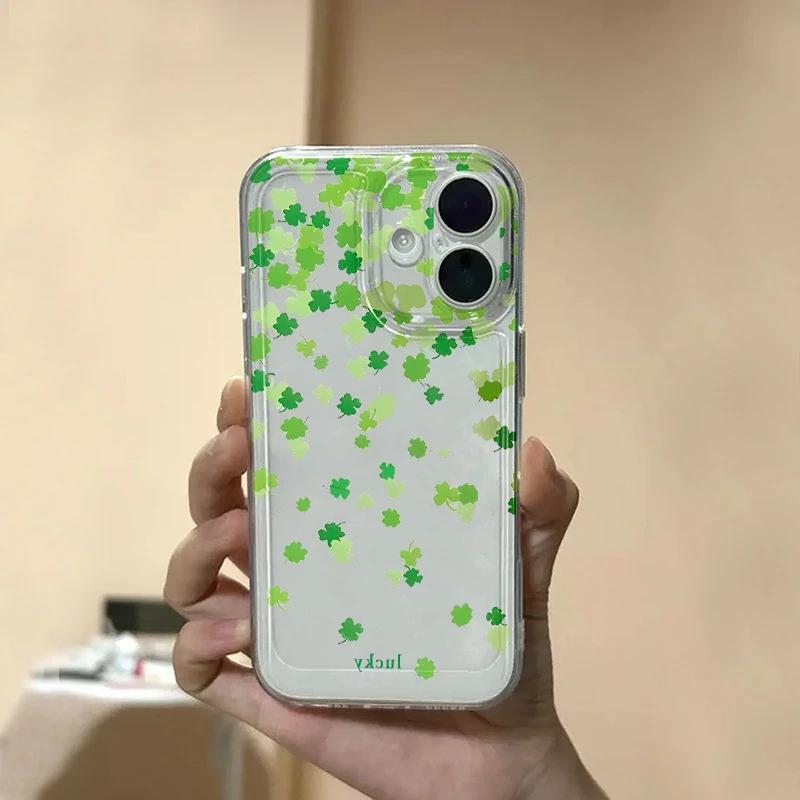 Green lucky four-leaf clover for Apple 17pro mobile phone case IP16plus transparent 15 space case 14 soft 13