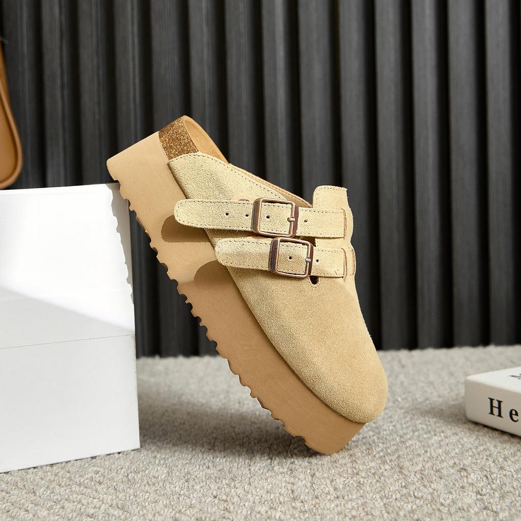 Leather half slippers thick-soled Boken shoes add 6CM women's shoes in summer new short shoes bag head Boken shoes women