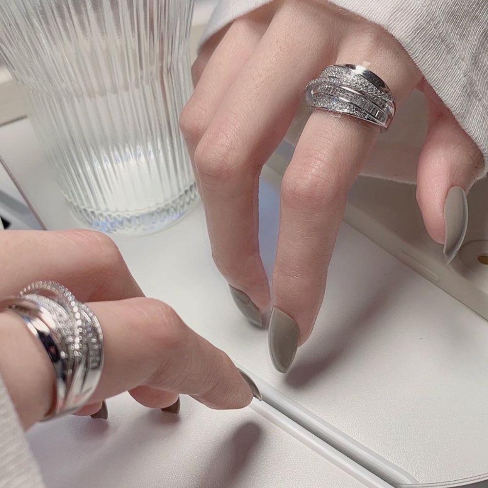 New Trendy Luxury Geometry Shiny Zircon Multi-layered Finger Gold Color Stainless Steel Couple Ring for Women Men Jewelry Gift