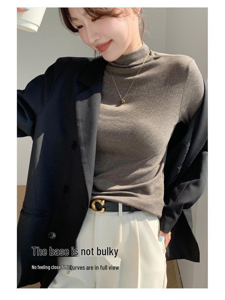 Women's H393 High Neck Warm Slimming Long Sleeve Top - Autumn/Winter Solid Color Versatile Mid-Neck Base Layer Shirt.
