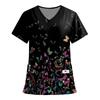 Women's Fashion Printed Short Sleeve V Neck Pattern Tops Pocket Working T-shirts