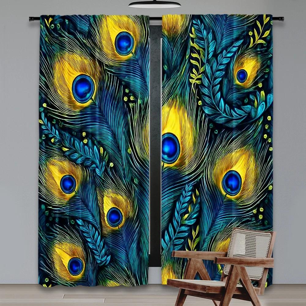 Flat Printing Curtain Peacock Feather Elegance Digital Printed Polyester Drapes All Season Party Holiday Decor Set Of 2 Made Washable