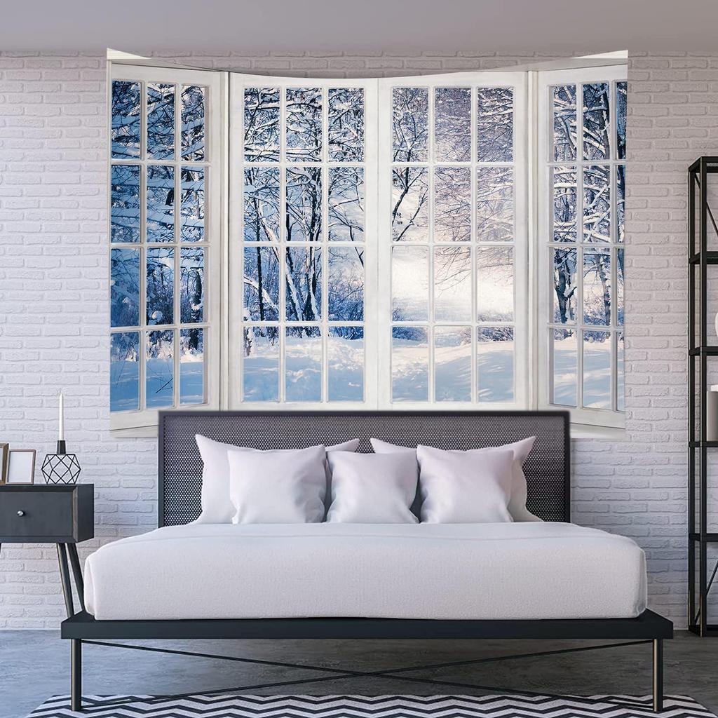 Winter Forest Window Tapestry White Snowflake Snowy Pine Tree Aesthetic Tapestry Nature Scenery Landscape Christmas Tapestries