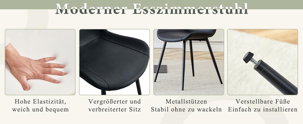 4-Piece Set Modern Dining Chairs in Black with PU Cover and Metal Frame - Wide Seats with Backrest, for Dining Room, Home Office and Living Areas