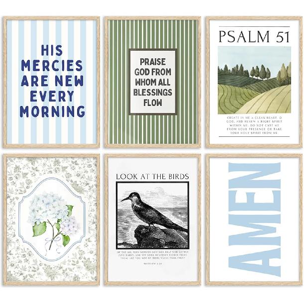 Trendy Christian Wall Art Blue Green Scripture Pictutres Wall Decor Bible Verse Preppy Aesthetics Posters Psalms and Hydrangeas Painting Print 10L X8W