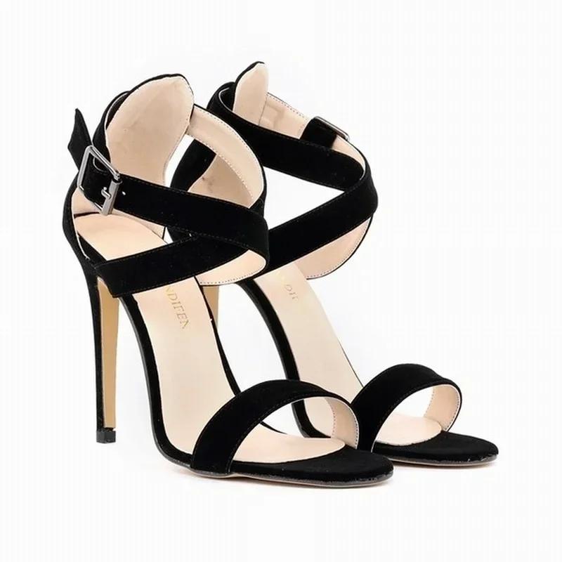 Women Sandals Stilettos  Summer Sexy Pumps 11cm Peep Toe Ankle Strap Velvet Thin High Heels Ladies Party Dress Wedding Shoes