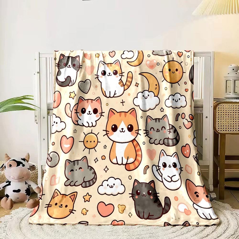 Cute Cartoon Cats and Suns Pattern Print Blanket Soft and Cozy Perfect for the Living Room Bed Sofa or a Nap,gift