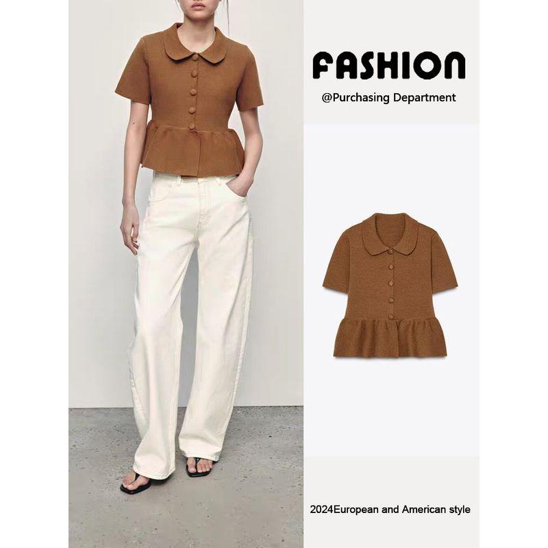 Za2025 Spring New Women clothes Single-Breasted Lapel Short sleeve Short Skirt Hem Knitted Outerwear 2142012