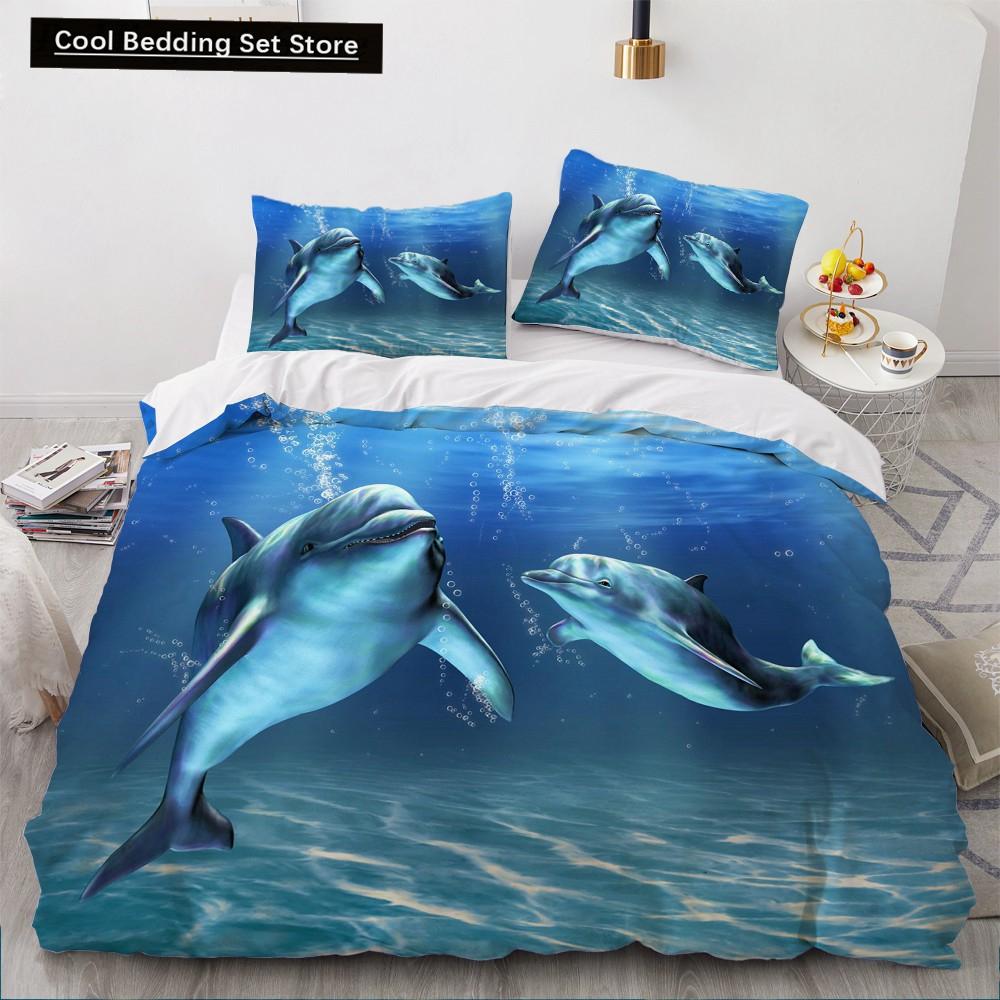 Comforter Dolphin Ocean King Queen Cute 3D Sea Animal Bedding Set For Kids Teens Adults Shoal Of Fish Blue 2/3Pcs