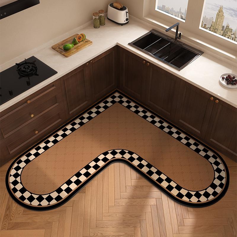 L-shaped Carpet for Kitchen Absorbent Non-slip Floor Mat Minimalist Retro Style Home Decoration Rug Oil Absorption Wipeable
