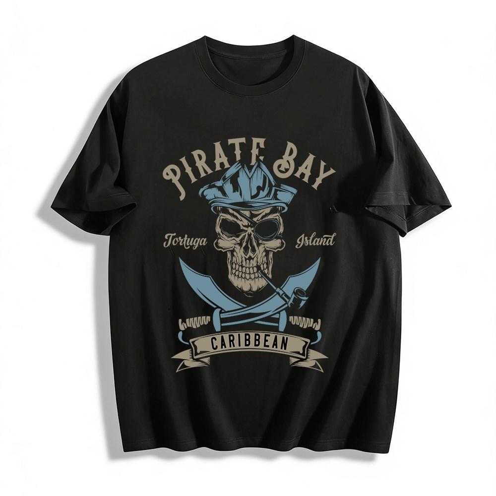 

Vintage Pirate Bay Skull Print Tee Caribbean Tortuga Island Themed Top Pure cotton T-shirt XXS