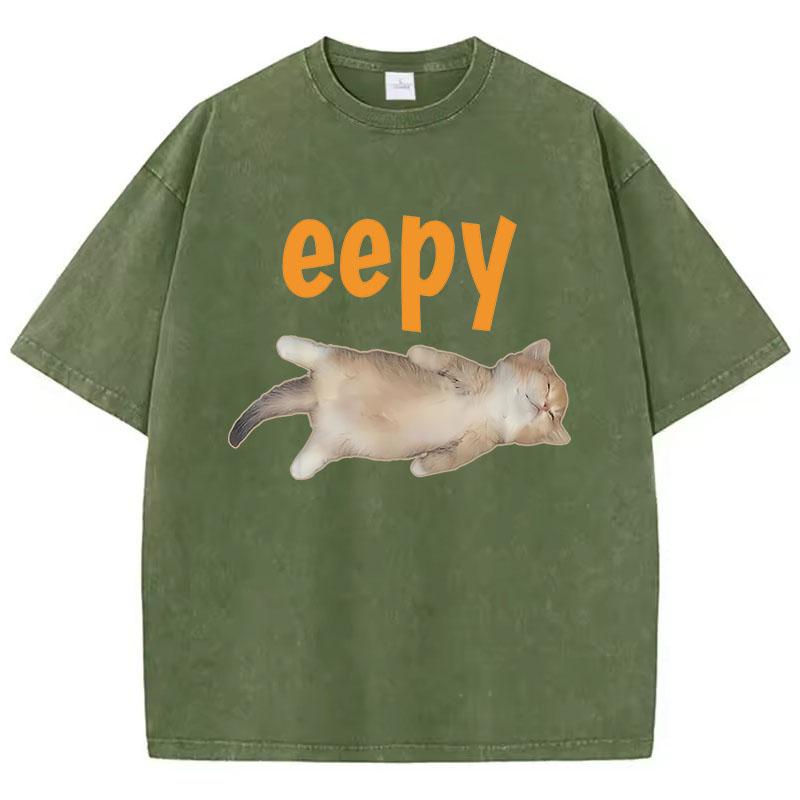 Hip Hop Retro T Shirt Vintage Washed Cotton T-Shirt Fashion Eepy Cat Graphic Tee Casual Streetwear Spring Summer Tee