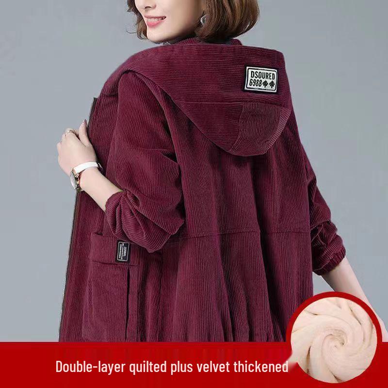Cordjacke in Übergröße für Damen - Herbst/Winter Lockerer Schnitt, Stil für die Mitte des Lebens mit koreanischem Touch und vielseitiges Plus Samt Design