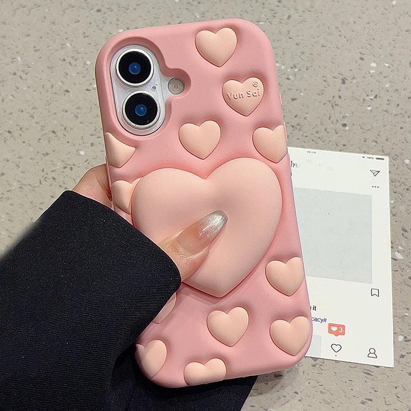 Pink 3D Love Heart Stand Holder Decompression Case For For Iphone 16 1 13 14 12 Pro Max Soft Silicone Phone Cover