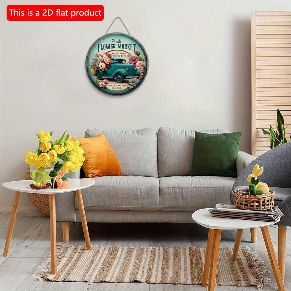 1pc 2d Flat Retro Round Wooden Sign Flower Market Flower Truck, Novel and Interesting Garage Bar Kitchen Home Family Friend Gift Wooden Sign- 20cm