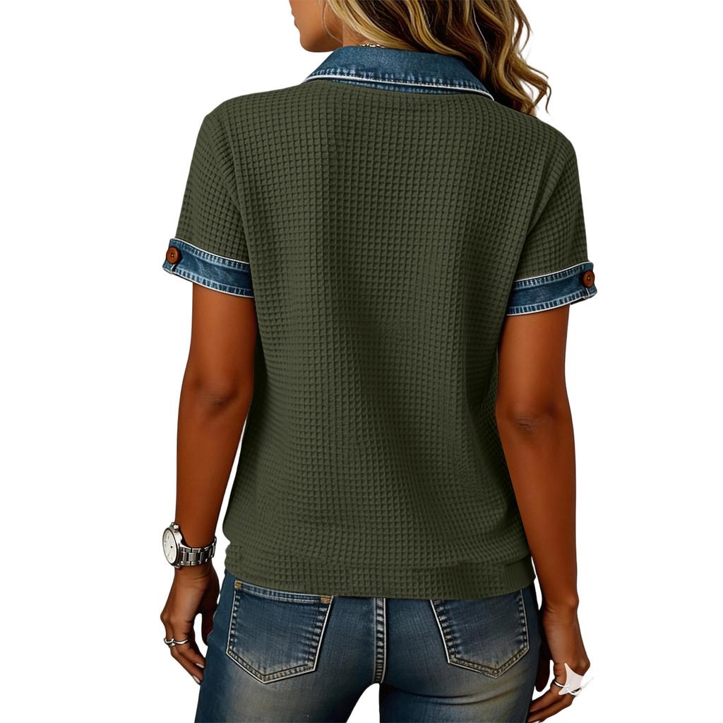 Women's Fashionable Casual Denim Patchwork Short-sleeved Top