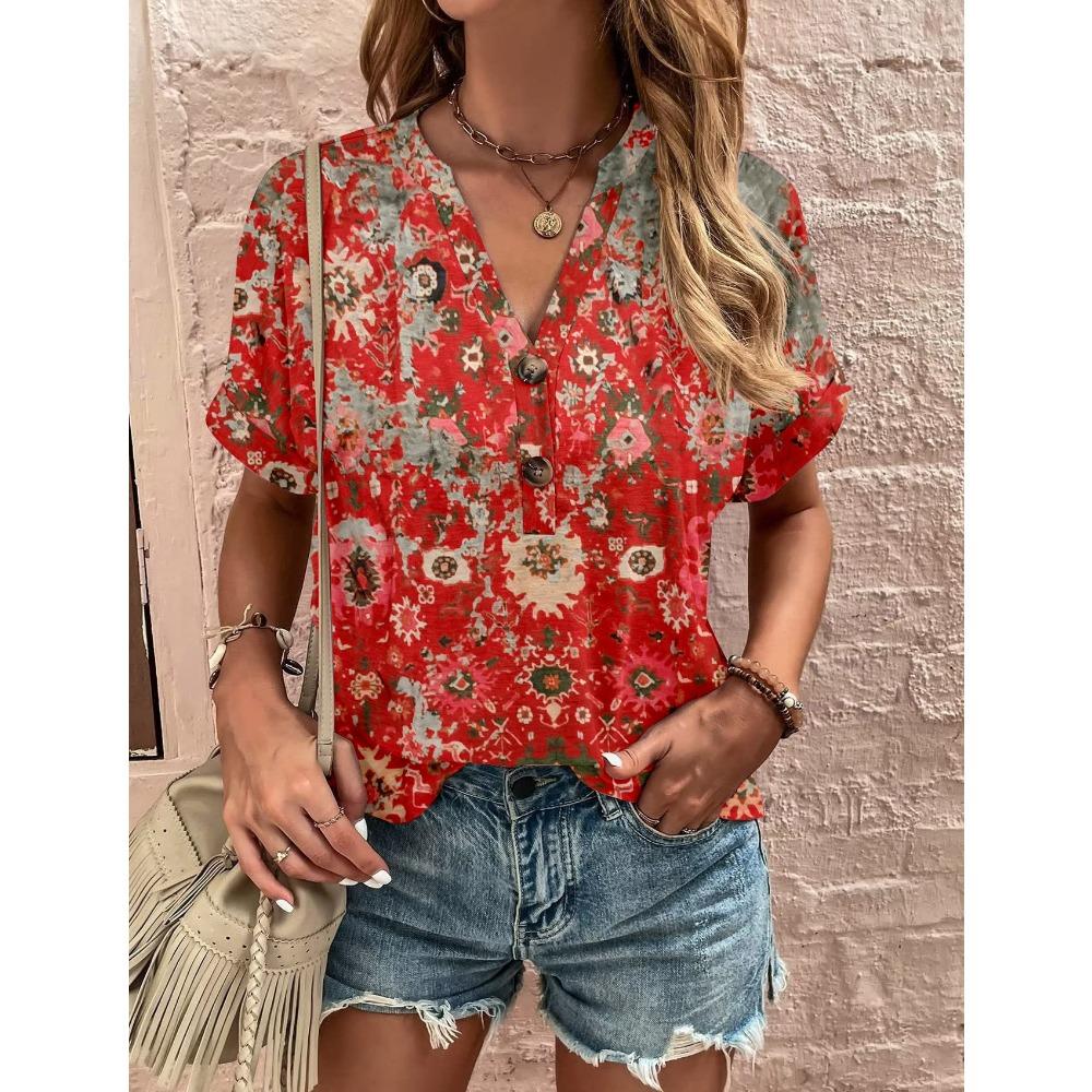 Maglietta da donna, maglietta estiva con scollo a V per donna, moda quotidiana, manica corta, casual, stampa 3D, abbigliamento femminile