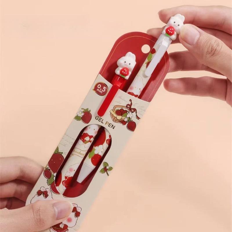 2 ks/sada Kawaii Králíček Jahoda Sada per Estetická Gelová pera s tlačítkovým mechanismem 0,5 mm Černý inkoust Roztomilé Studentské potřeby Hladké psaní