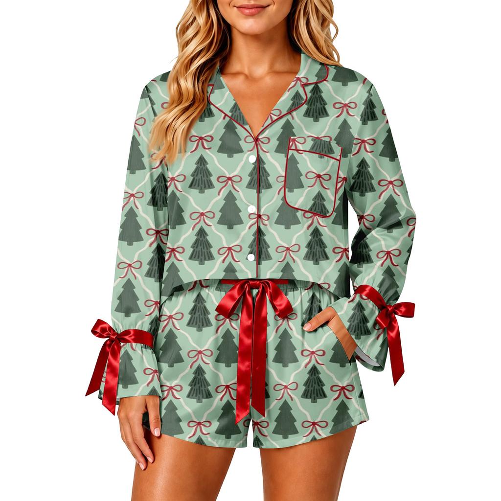 Women's Christmas Pajama Set with Button-Down Shirt and Shorts for Holiday Sleepwear