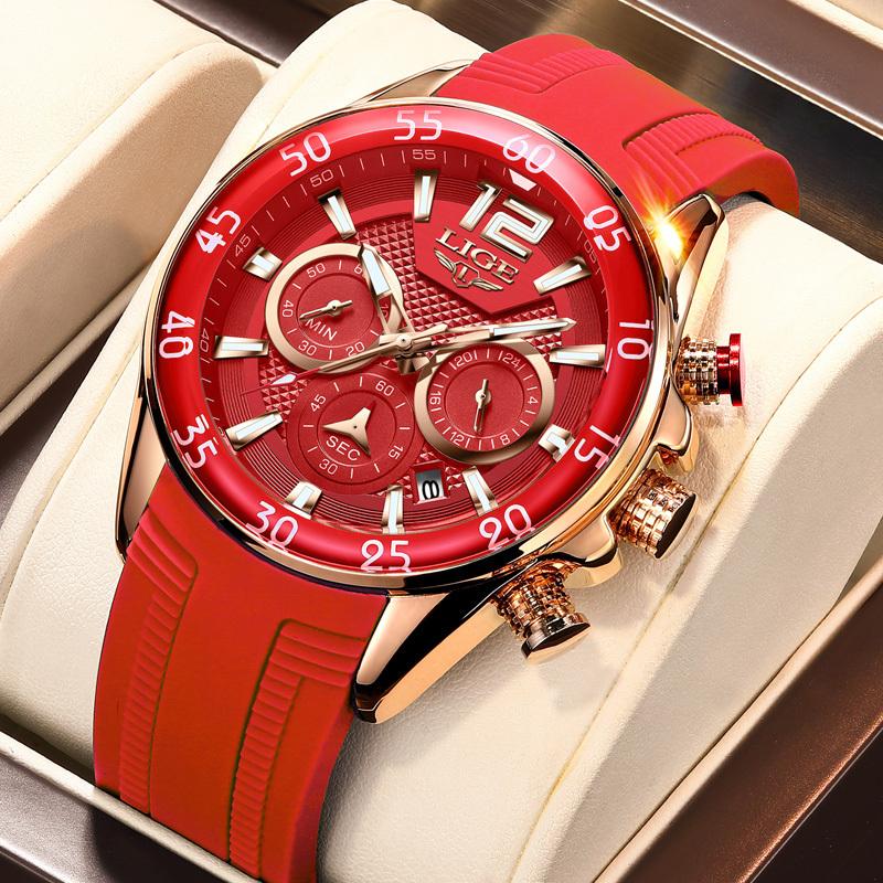 LIGE Neue Mode Herrenuhren Top Marke Luxus Quarz Armbanduhr Mann Sport Rotes Silikon Armbanduhr für Herren Reloj Hombre Chronograph