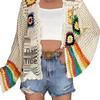 Ethnic Retro Crochet Rainbow Cardigan: Handmade Color Block Long Sleeve Knit Top