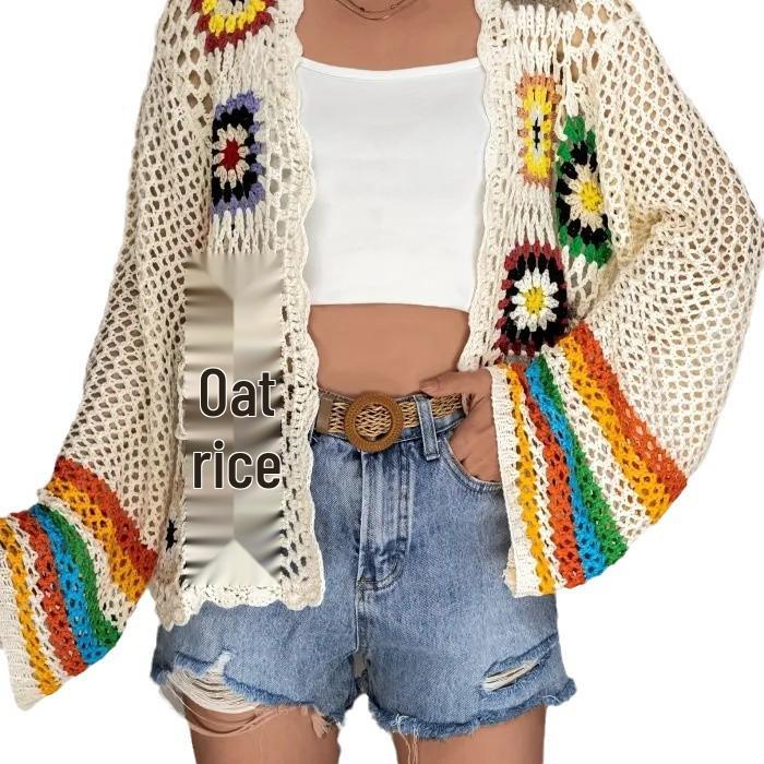 Ethnic Retro Crochet Rainbow Cardigan: Handmade Color Block Long Sleeve Knit Top