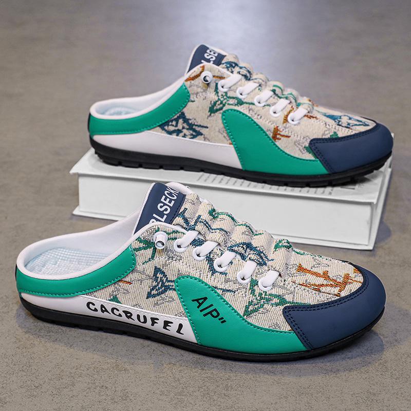 Pánské letní protiskluzové vulkanizované boty, módní poloviční pantofle, síťované látkové boty pro muže, ležérní boty, pohodlné, ploché boty