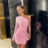 One-shoulder Backless Long-sleeved Slim-fitting Dress for Women, European and American New Spice Girls Hip-wrapped Short Skirt, Vacation Seaside Skirt