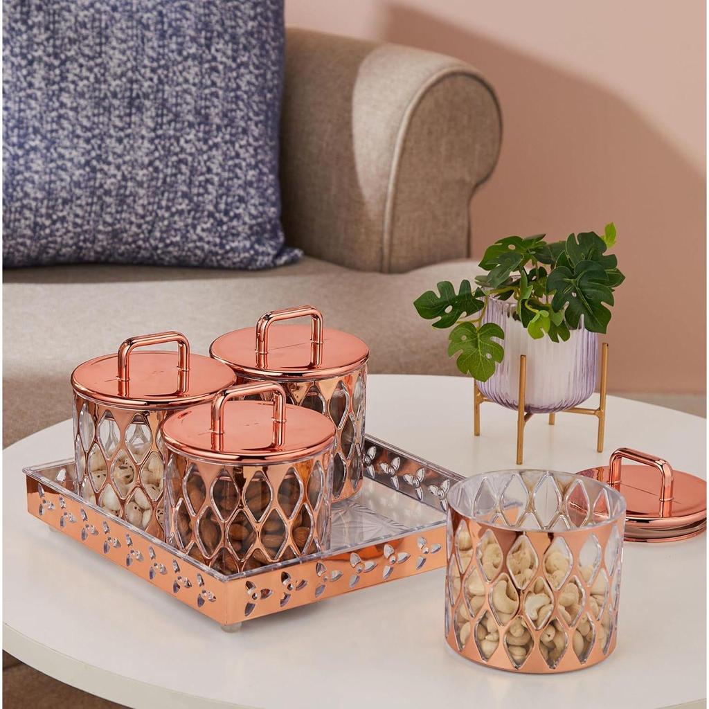 Airtight Dry Fruit Container Set With Tray|Plastic Dry Food Storage|500Ml, Set Of 4 (Rose Gold)
