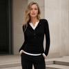 Patchwork Fake Two-Piece T-Shirt V-Neck Base Shirt Y2K Style Long Sleeve Top  Casual Wear