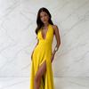 2026 European and American women's clothing spring models, neck V-neck slits, solid color thin long dresses are available directly from stock.