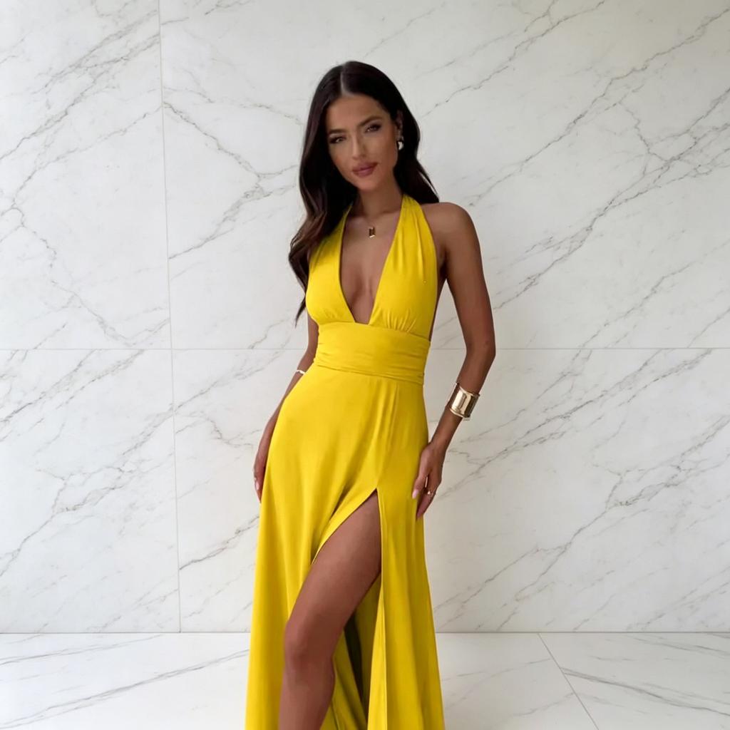 2026 European and American women's clothing spring models, neck V-neck slits, solid color thin long dresses are available directly from stock.