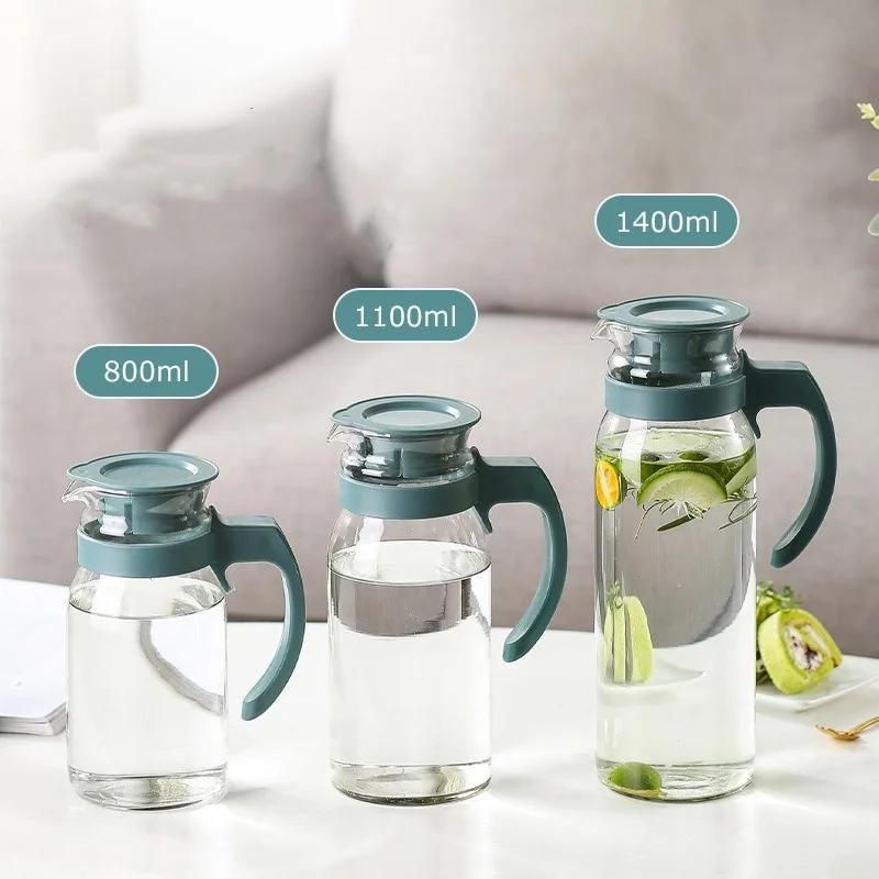1Pc Glass Water Pitcher Heat Resistant Glass Carafe Beverage Juice Dispenser Cold Water Kettle with With Lid and Handle