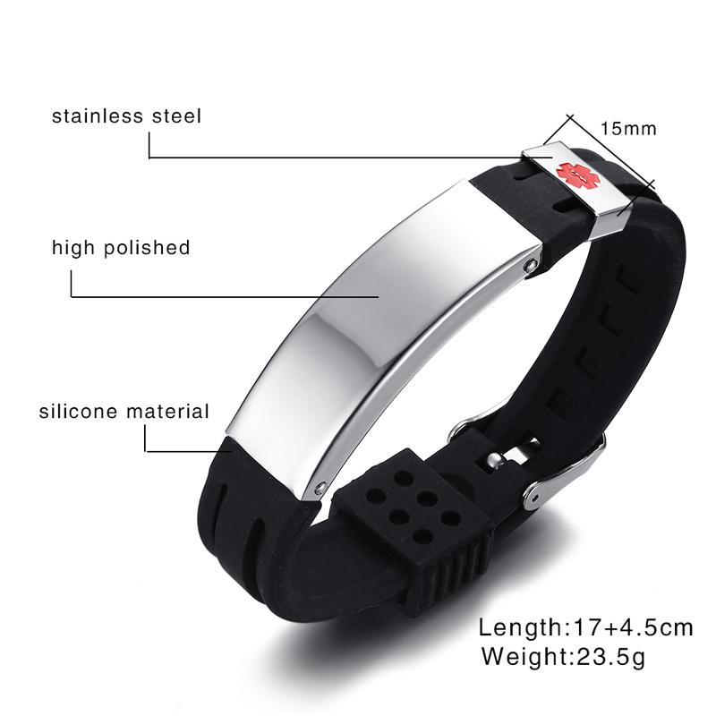 Vnox Gravure Personnalisée Gratuite Bracelet d'Identification Alerte Médicale 15mm pour Hommes Femmes Silicone Acier Inoxydable Bracelet de Montre Réglable