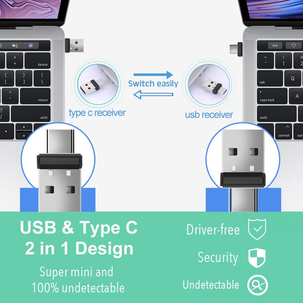 2-in-1 USB/Type-C Mouse Jiggler Portable Mini Mouse Mover, Driver-Free for Computers, Laptops