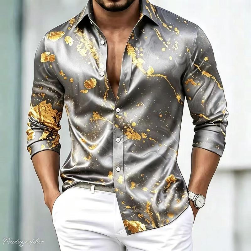 Herren Luxus Satin Langarmhemd mit 3D-bedruckten Seidenknöpfen und glänzender Oberfläche, Nachtclub Party Lässiges Modehemd