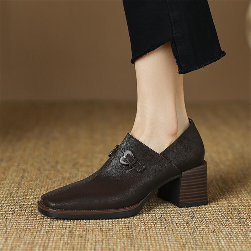 Fashion New Autumn Genuine Leather Women Shoes Fashion Square Toe Shoes for Women Thick Heel Loafers High Heel Women Pumps Zapatos Mujer