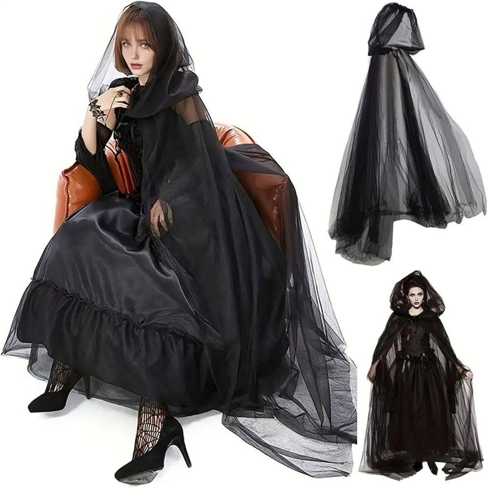Creative Gift With Oversized Hood Halloween Hooded Cloak Lace-Up Vintage Overcoats Black Color Cosplay Costume