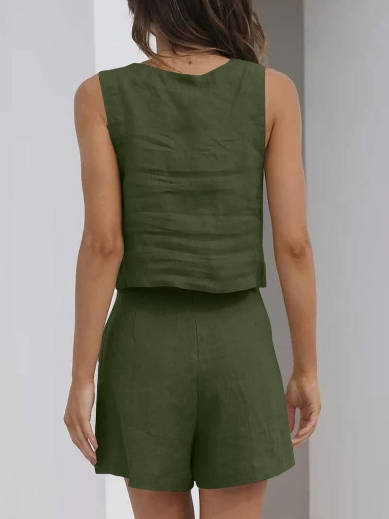 New Women's Outwear Set Linen Shorts Sleeveless Top Vest