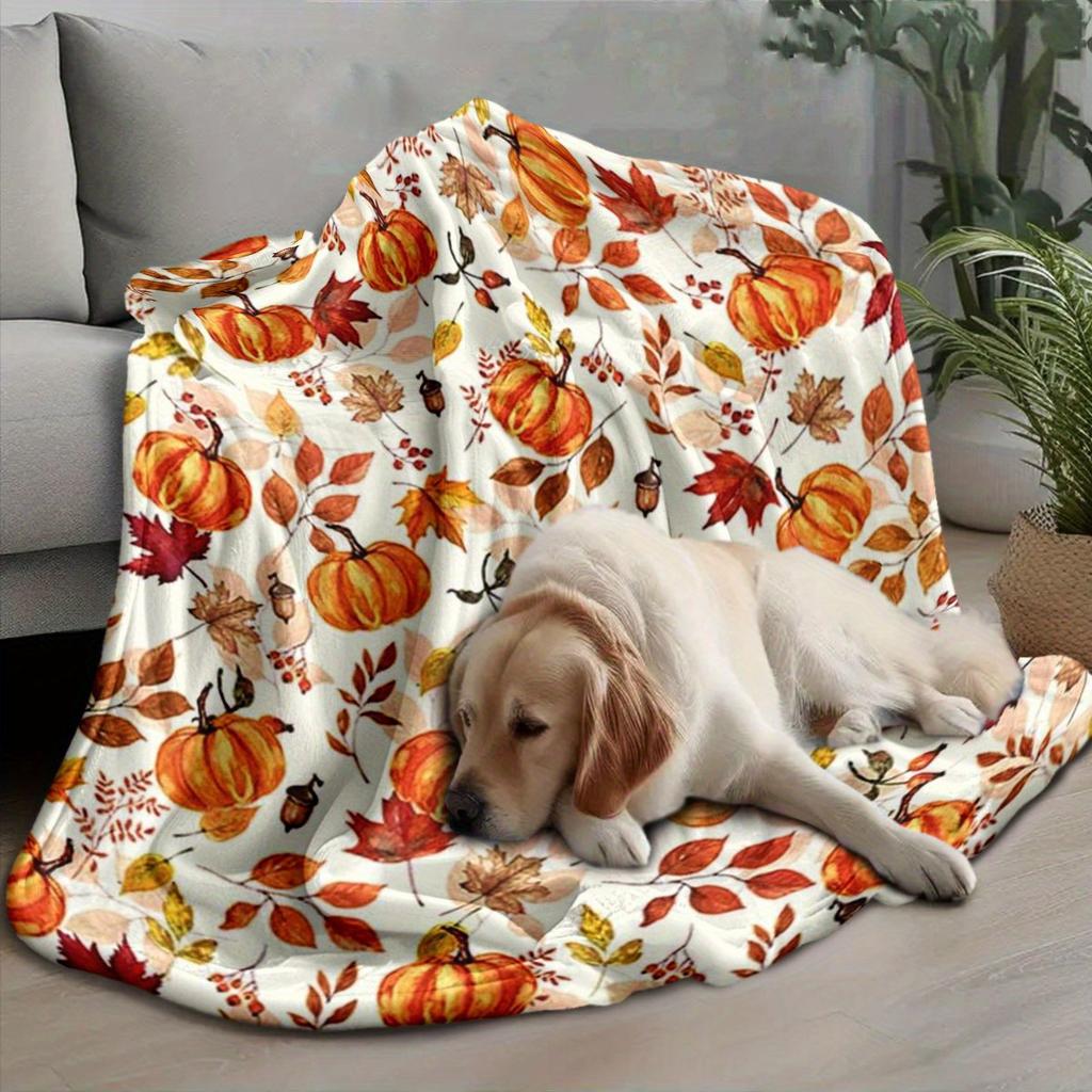 1pc Autumn Fall Flannel Blanket, Pumpkin and Maple Leaf Design Cozy Lightweight for Couch, Bed, Camping, Gift for Thanksgiving