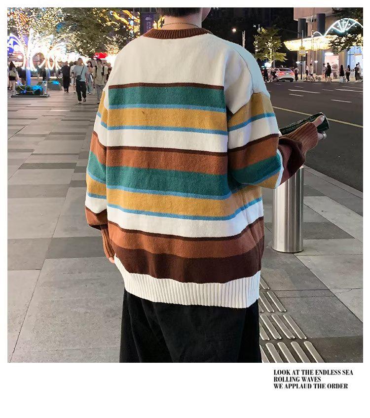 Men's Retro Color-Blocked Striped Sweater - Soft, Cozy, Loose-Fit Knitwear for Autumn/Winter Casual Wear