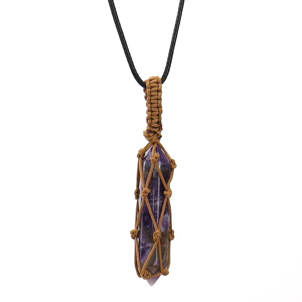 Hand-Woven Double-Pointed Hexagonal Prism Crystal Rough Stone Natural Stone Brown Mesh Pocket Necklace N712
