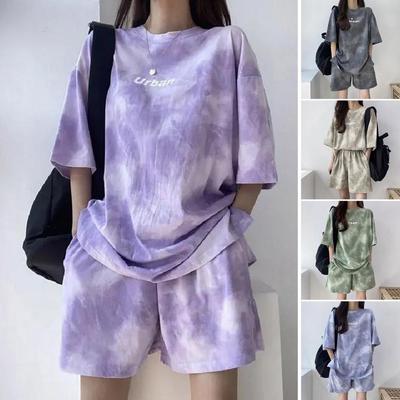 Set di pantaloncini e maglietta da donna, casual, tie-dye, larghi e larghi, con tasche, set di pantaloncini estivi morbidi da donna