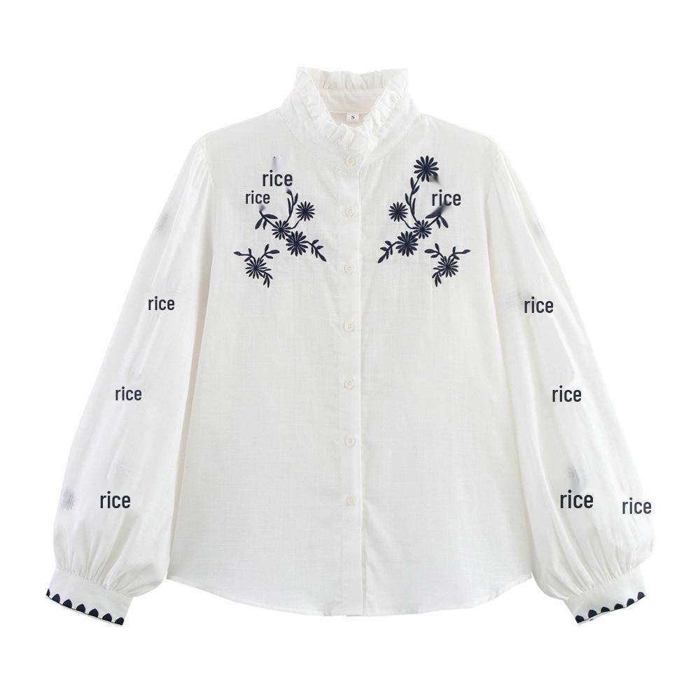 

2025 Spring/Summer Women s Casual Embroidered Floral Stand Collar Long-Sleeve Shirt Small білий
