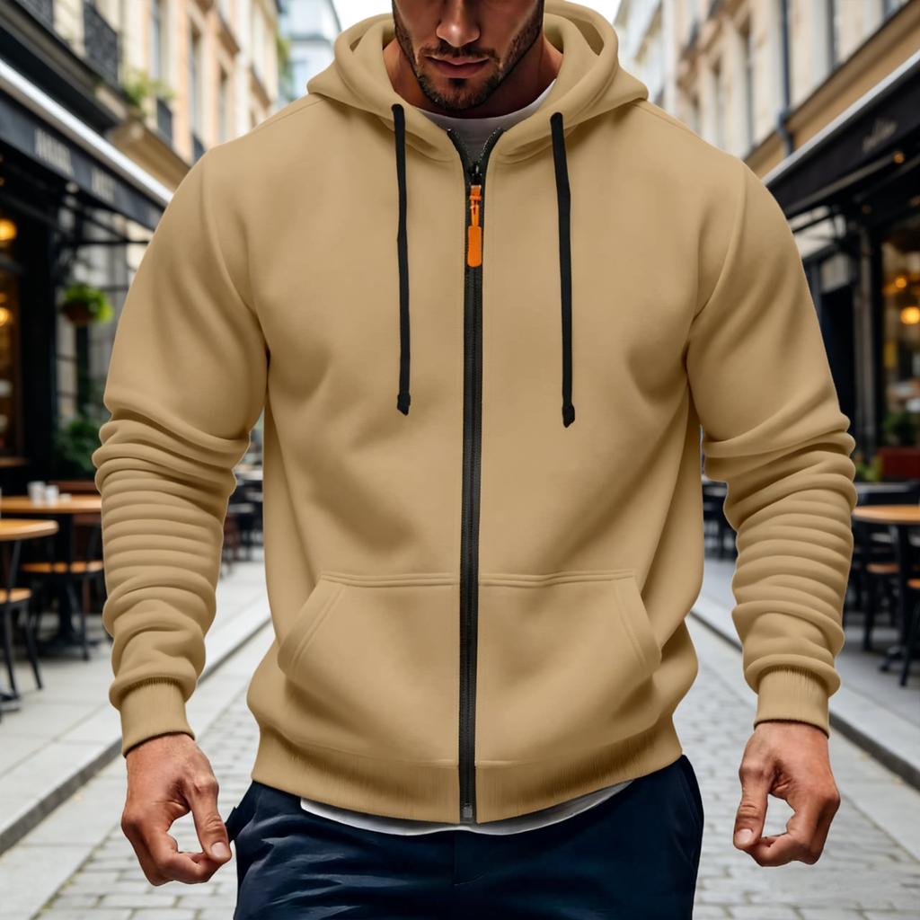 Felpa con cappuccio da uomo invernale foderata con zip, Felpa con cappuccio casual spessa, Giacca