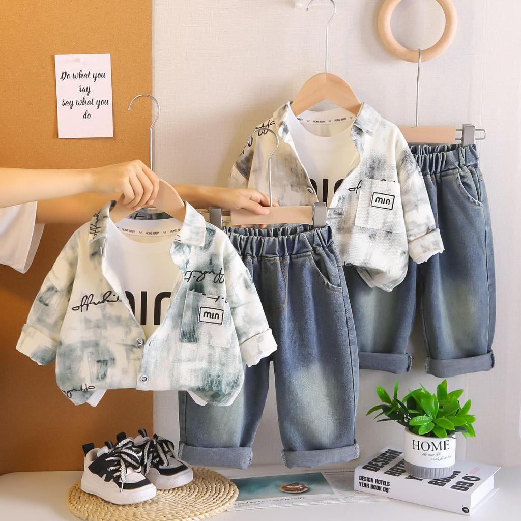 Boys' Long Sleeved Three Piece Set, 0-5-Year-old Children's Casual Shirt Jacket+white Top+denim Pants Set