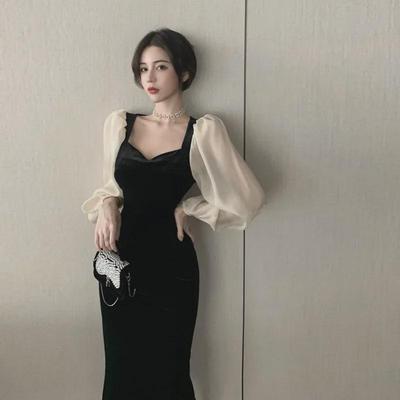 2023 Kadın Hepburn Tarzı Kadife Slim Fit Uzun Elbise